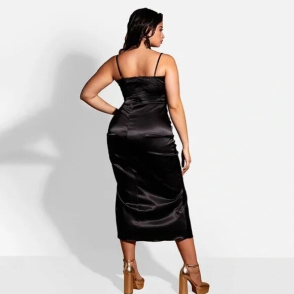 Rebdolls Black Satin Mina Ruched Tie Front Midi Dress Cocktail Sleeveless 3X - Picture 2 of 9